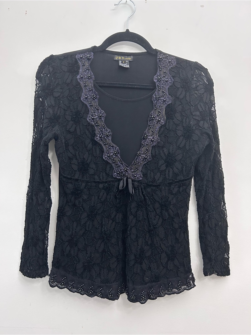Black Lace Y2K Babydoll Long Sleeve Beaded Trim Whimsigoth Grunge Top